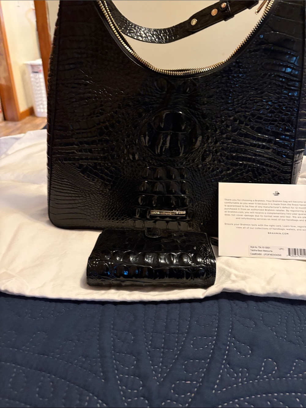 Brahmin Black Croc-Embossed Shoulder Bag with Matching Wallet
